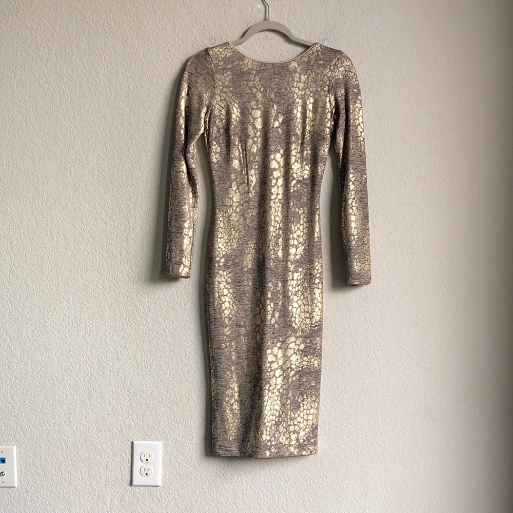 Dress The Population Emery Snake Print Dress Long Sleeve Metallic Midi Bodycon